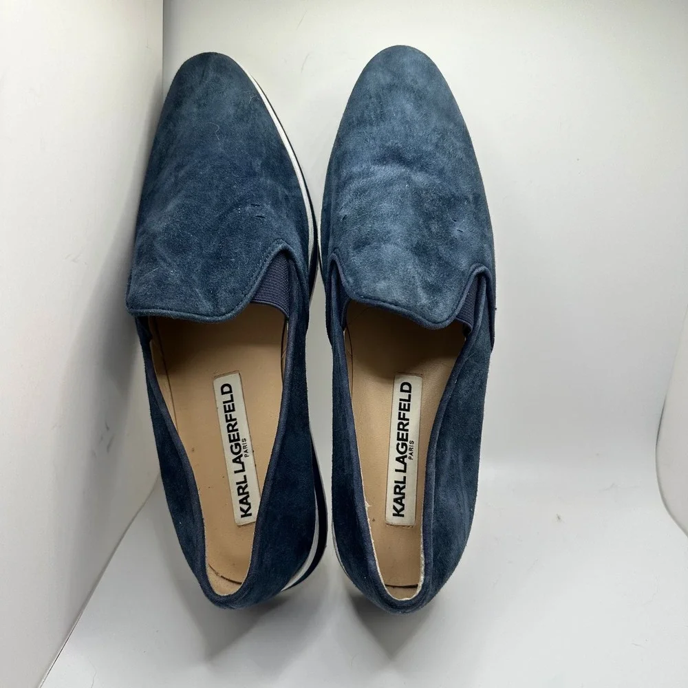 Karl Lagerfeld Navy Blue Suede Platform Slip On Sneakers Shoes Womens 6 M